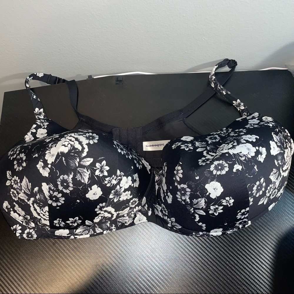 Cacique Bra Cooling French Full Coverage Floral Print Black White Underwire 46DD